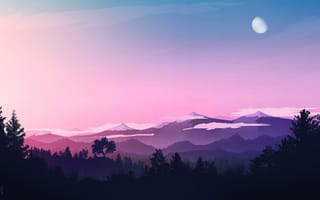 Картинка луна, вечернее небо, лес, силуэт, горы, розовое небо