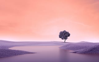 Картинка одинокое дерево, пейзаж, озеро, сюрреалистичный, эстетический, цифровая композиция, весна