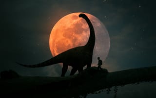 Картинка динозавр, ребенок, ночь, луна, обнаружить, силуэт, путешествовать