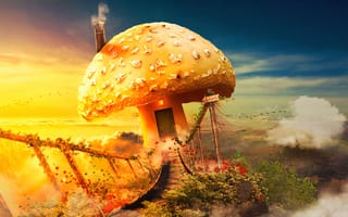 Картинка грибной домик, сюрреалистичный, мечтать, мост, облака, фантазия