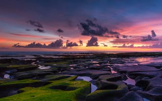 Картинка каменистый пляж, береговая линия, 5к, Индонезия, горизонт, закат, сумерки, пукутатан