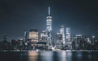 Картинка Манхэттен, один Всемирный торговый центр, ночь, огни города, Нью-Йорк, башня Свободы, городской пейзаж, 5к