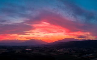 Картинка закат, горы, сумерки, послесвечение, красное небо, 8k, 5к, сельская местность