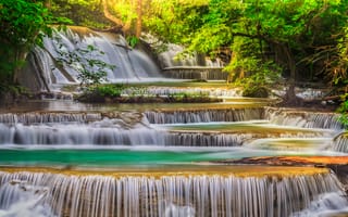 Картинка Эраван падает, водопад, весна, лес, Таиланд, тропический лес, 5к, живописный
