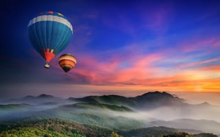 Картинка воздушные шары, национальный парк дои интханон, Таиланд, восход, красочный, эстетический, 5к, рассвет, холмы, туманный
