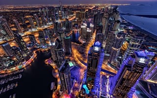 Картинка Дубай, городской пейзаж, с высоты птичьего полета, 5к, синий час, ночь, HDR, огни города, небоскребы, линия горизонта
