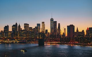 Картинка Манхэттен, Нью-Йорк, манхэттенский мост, городской пейзаж, огни города, закат, вечер, городской, 5к