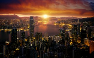 Картинка Гонконг, городской пейзаж, линия горизонта, огни города, восход, 5к