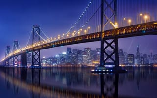 Картинка заливной мост, Мост через залив Сан-Франциско-Окленд, городской, 5к, ночь, огни города