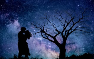 Картинка пара, ночь, 5к, силуэт, романтический поцелуй, звездное небо