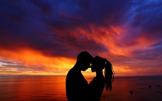 Картинка пара, романтик, силуэт, вместе, морской пейзаж, 5к, закат