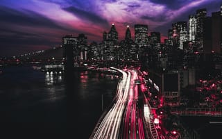 Картинка Нью-Йорк, Манхэттен, огни города, 5к, ночь, легкие тропы, светофор, темный, промежуток времени, городской пейзаж