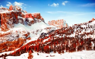 Картинка доломиты, горный хребет, Италия, заснеженный, Солнечный день, зима, горы, 5к