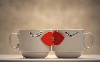 Картинка кофейные чашки, любовь сердца, кофейные кружки, целующиеся сердца, романтик, милый