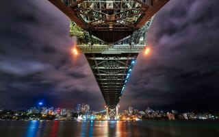Картинка Сидней Харбор Бридж, Австралия, городской пейзаж, ночные огни, отражение, вид на небо, река, 5к