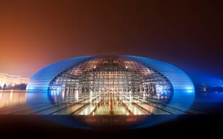 Картинка национальный центр исполнительских искусств, Китай, современная архитектура, купол, отражение, ночные огни, стекло, синий свет, чистое небо, 5к