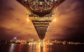 Картинка Сидней Харбор Бридж, Австралия, апельсин, яркий, 8k, 5к, отражение, ночной пейзаж, огни города, река, вид на небо, городской пейзаж