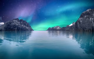 Картинка Северное сияние, море, горы, 8k, звезды, ледник, отражение, 5к, голубое небо