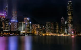 Картинка город гонконг, городской пейзаж, колесо обозрения, 5к, огни, архитектура, отражение, ночная жизнь, небоскребы, река