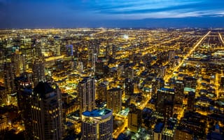 Картинка Чикаго, Иллинойс, 5к, небоскребы, ночь, ночные огни, здания, голубое небо, горизонт города, городской пейзаж