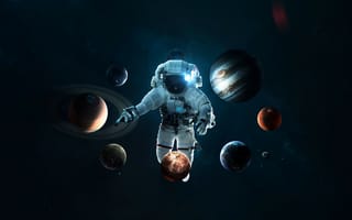 Картинка космонавт, планетарная система, звезды, космическое путешествие, скафандр, планеты, орбитальное кольцо, Солнечная система