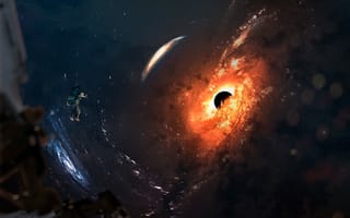 Картинка черная дыра, космонавт, космическое приключение, спиральная галактика, исследование космического пространства, апельсин, звезды