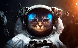 Картинка скафандр, кот, астероиды, звезды, космонавт