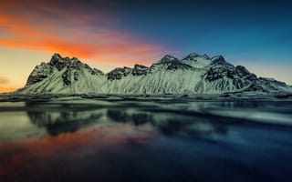 Картинка снежные горы, закат, живописный, отражение, озеро, ледник, пейзаж, 5к