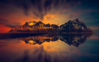 Картинка горы, заснеженный, рассвет, отражение, ледник, озеро, 5к