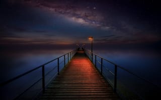 Картинка деревянный пирс, ночное небо, Млечный Путь, 5к, 8k, звезды, галактика, морской пейзаж, темный
