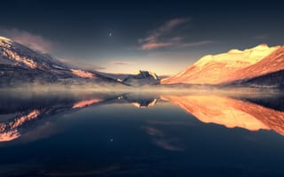 Картинка горы, озеро, пейзаж, 8k, вечер, эстетический, отражение, луна, спокойствие, 5к