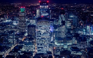 Картинка Лондон Сити, городской пейзаж, ночные огни, антенна, ночная жизнь, цапля башня, корнишон, небоскребы, 5к, башня 42