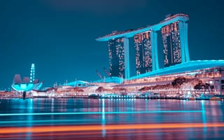 Картинка Marina Bay Sands, Гостиница, отражение, 5к, синий час, набережная, голубое небо, современная архитектура, Сингапур, ночные огни