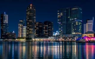 Картинка горизонт города, Роттердам, современная архитектура, ночные огни, Нидерланды, синий час, отражение, ночной пейзаж, городской пейзаж, небоскребы, водное пространство