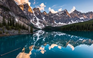Картинка моренное озеро, Канада, закат, 5к, отражение, живописный, снег, 8k, пейзаж, вода, облака, горные вершины