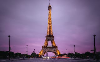 Картинка Эйфелева башня, Париж, Франция, эстетический, огни, фиолетовое небо, вечер, культовый
