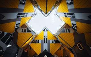 Картинка кубические дома, Роттердам, 5к, шаблон, серый, геометрический, желтый, симметрия, Нидерланды, Небесный свет
