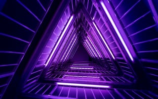 Картинка неоновый треугольник, фиолетовый свет, яркий, геометрический, светящийся, эстетический, в помещении, треугольники, неоновые лампы, искать, фотография под низким углом