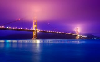 Картинка Мост "Золотые ворота, Сан-Франциско, 5к, Калифорния, Тихий океан, розовое небо, синий, живописный, отражение, ночные огни, водное пространство, эстетический