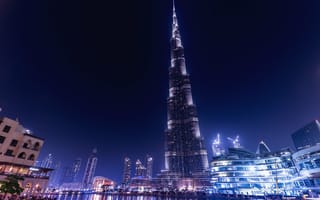 Картинка Бурдж-Халифа, Дубай, Объединенные Арабские Эмираты, небоскребы, городской пейзаж, огни города, ночное время, современная архитектура