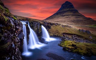 Картинка Киркьюфетль, Исландия, водный поток, длительное воздействие, водопады, гора, сумерки, красное небо, пейзаж, 5к