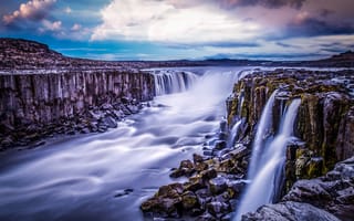 Картинка водопад Селфосс, Исландия, скалы, путешествовать, пейзаж, достопримечательность, горные породы, 5к, речной поток, вечер, длительное воздействие