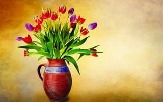 Картинка Цветочная ваза, тюльпан цветы, красочный, многоцветный, украшение, букет, зеленые листья