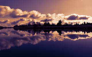 Картинка озеро, закат, сумерки, панорама, деревья, вечернее небо, облака, пейзаж, отражение, водное пространство, 5к, 8k