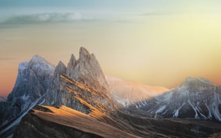 Картинка ледниковые горы, заснеженный, закат, 8k, пейзаж, облака, 5к, горные вершины