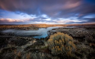 Картинка река дешут, Орегон, длительное воздействие, раннее утро, пейзаж, туман, плато