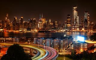Картинка Нью-Йорк, городской пейзаж, длительное воздействие, ночное время, огни города, дороги, небоскребы, Нью-Джерси