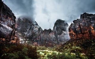 Картинка Зайонский национальный парк, водопад, долина, 5к, скальные образования, облачное небо, скалы, бурный, пейзаж