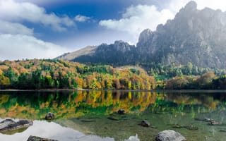 Картинка langbathseen, Австрия, зеркальное озеро, гора, осенние деревья, пейзаж, отражение, чистая вода, 5к