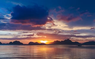 Картинка Бакит Бэй, пляж коронг, закат, силуэт, облачное небо, морской пейзаж, Филиппины, 5к, водное пространство, горы